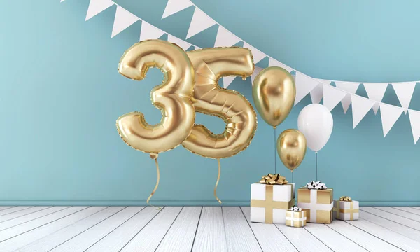 Felice festa di compleanno 35th palloncino, bunting e confezione regalo. Render 3D — Foto Stock
