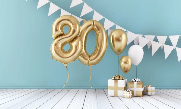 Felices 80 cumpleaños fiesta fiesta globo, banderines y caja de regalo. Renderizado 3D — Foto de Stock