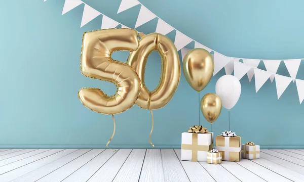 Happy 50th birthday party celebration balloon, bunting and gift box. 3D Render — Stock Photo, Image
