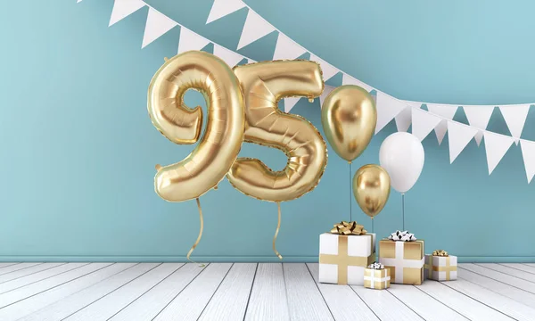 Feliz aniversário 95 festa festa balão, bunting e caixa de presente. Renderização 3D — Fotografia de Stock