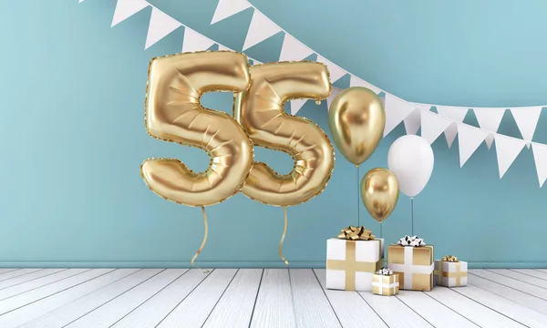 Buon 55esimo compleanno festa festa palloncino, bunting e confezione regalo. Render 3D — Foto Stock