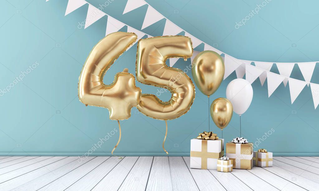 Happy 45th birthday party celebration balloon, bunting and gift box. 3D Render