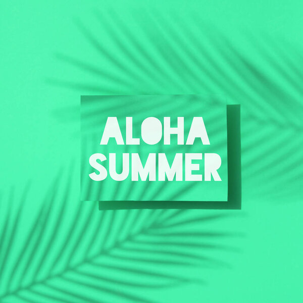 Aloha summer tropical palm leaf shadow label. Exotic summer background.
