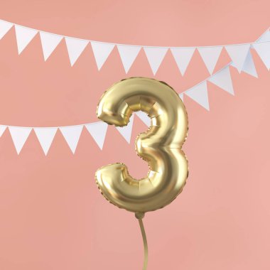 Mutlu 3 doğum günü partisi kutlama altın balon ve kiraz kuşu. 3d Render