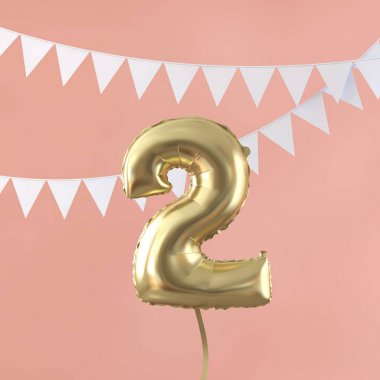 Mutlu 2 doğum günü partisi kutlama altın balon ve kiraz kuşu. 3d Render