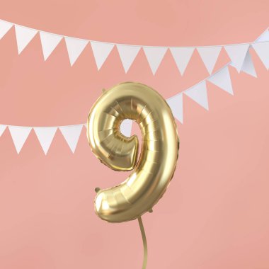 Mutlu 9 doğum günü partisi kutlama altın balon ve kiraz kuşu. 3d Render