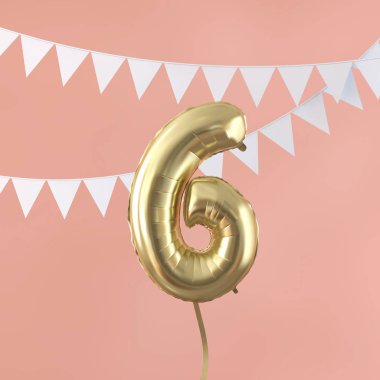 Mutlu 6 doğum günü partisi kutlama altın balon ve kiraz kuşu. 3d Render