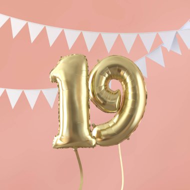 Mutlu 19 doğum günü partisi kutlama altın balon ve kiraz kuşu. 3d Render