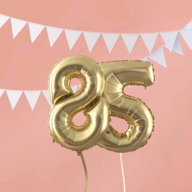 Mutlu 85 doğum günü partisi kutlama altın balon ve kiraz kuşu. 3d Render