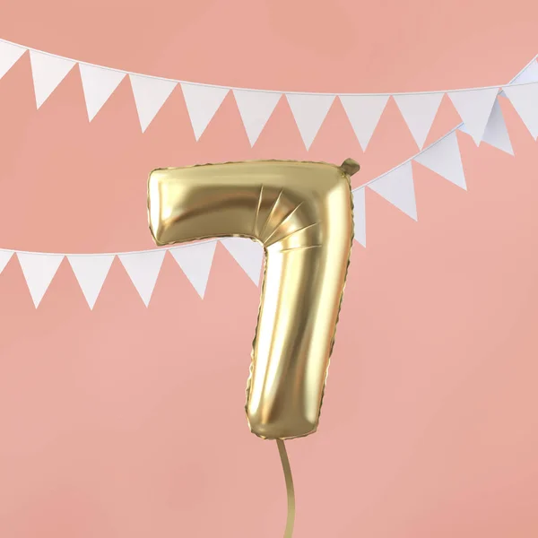 Feliz 7 cumpleaños fiesta celebración globo de oro y bunting. Renderizado 3D — Foto de Stock
