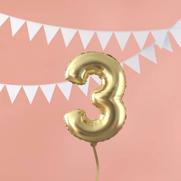 Happy 3rd birthday party celebration gold balloon and bunting. 3D Render — Stock Photo, Image