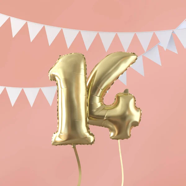 Feliz 14 cumpleaños fiesta celebración globo de oro y bunting. Renderizado 3D — Foto de Stock