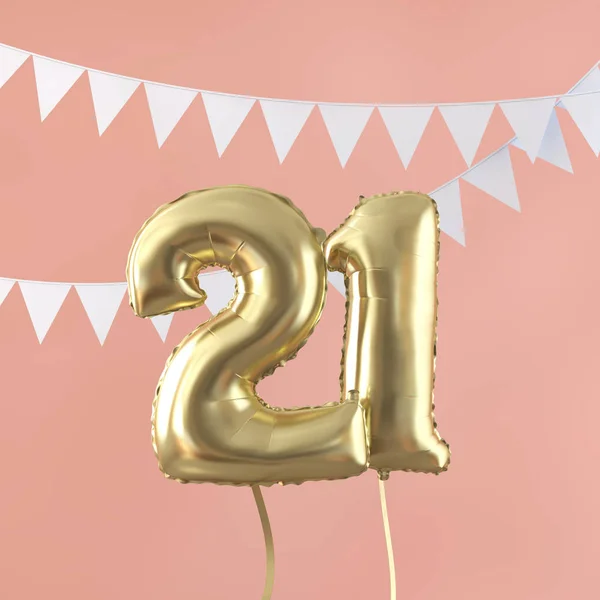 ハッピー21歳の誕生日パーティーのお祝いゴールドバルーンとバント。3D レンダリング — ストック写真