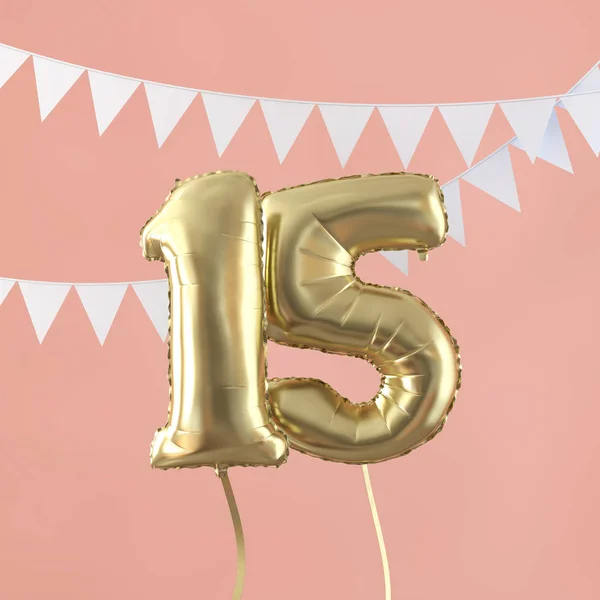 Happy 15th födelsedagsfest guld ballong och Bunting. 3D-rendering — Stockfoto