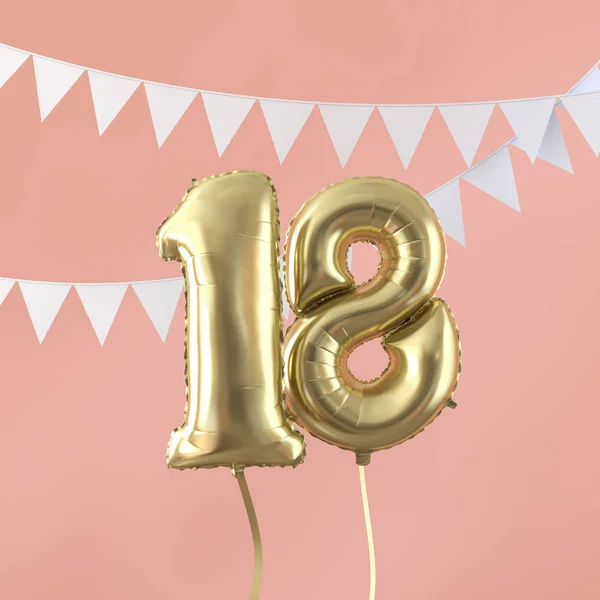 Happy 18th birthday party celebration gold balloon and bunting. 3D Render — Stock Photo, Image