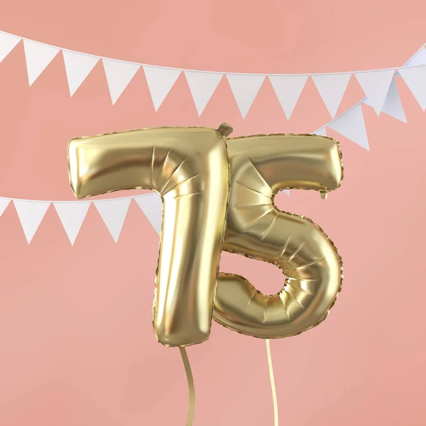 Selamat ulang tahun ke-75 pesta balon emas dan bunting. Perender 3D — Stok Foto