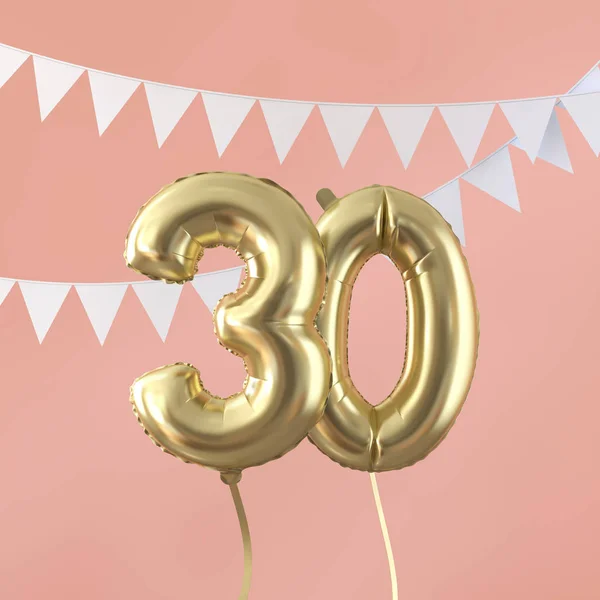 Happy 30-årsdag festfirande guld ballong och Bunting. 3D-rendering — Stockfoto