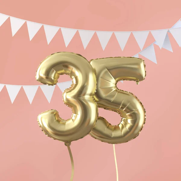 Happy 35th birthday party celebration gold balloon and bunting. 3D Render — Stock Photo, Image