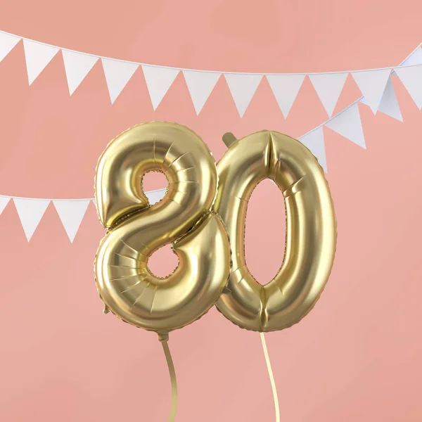 Feliz aniversário de 80 anos festa balão de ouro e bunting. Renderização 3D — Fotografia de Stock