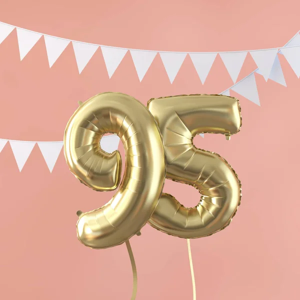 Happy 95th birthday party celebration gold balloon and bunting. 3D Render
