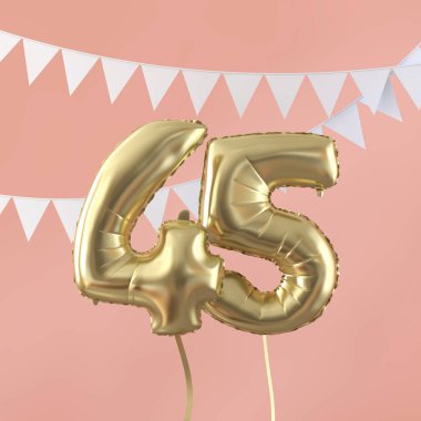 Mutlu 45 doğum günü partisi kutlama altın balon ve kiraz kuşu. 3d Render