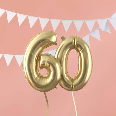 Mutlu 60 doğum günü partisi kutlama altın balon ve kiraz kuşu. 3d Render