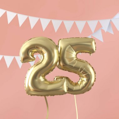 Mutlu 25 doğum günü partisi kutlama altın balon ve kiraz kuşu. 3d Render