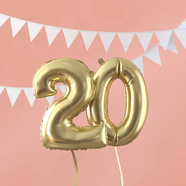 Alles Gute zum 20. Geburtstag Feier goldenen Ballon und Fahnenweihe. 3D-Darstellung — Stockfoto