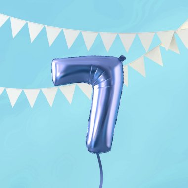 Mutlu 7 doğum günü partisi kutlama mavi balon ve kiraz kuşu. 3d Render