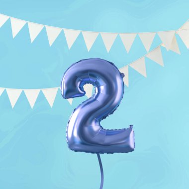 Mutlu 2 doğum günü partisi kutlama mavi balon ve kiraz kuşu. 3d Render