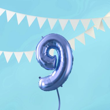 Mutlu 9 doğum günü partisi kutlama mavi balon ve kiraz kuşu. 3d Render