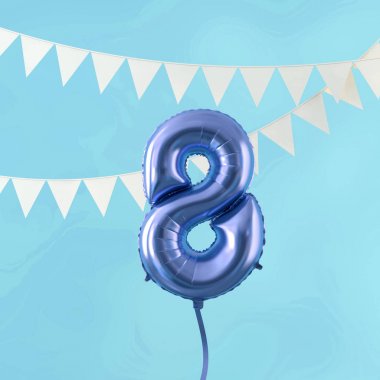 Mutlu 8 doğum günü partisi kutlama mavi balon ve kiraz kuşu. 3d Render