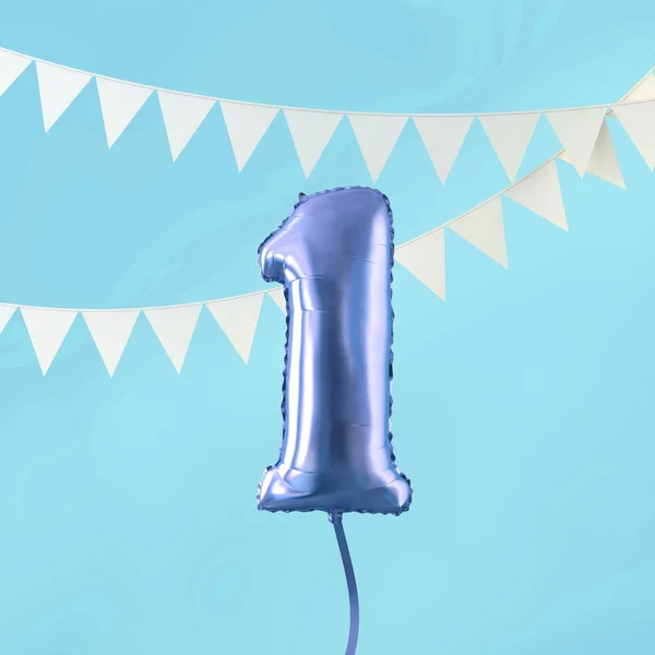 Gelukkige 1ste verjaardag partij viering blauwe ballon en Bunting. 3D renderen — Stockfoto