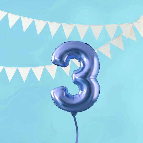Feliz tercer cumpleaños fiesta celebración globo azul y bunting. Renderizado 3D — Foto de Stock
