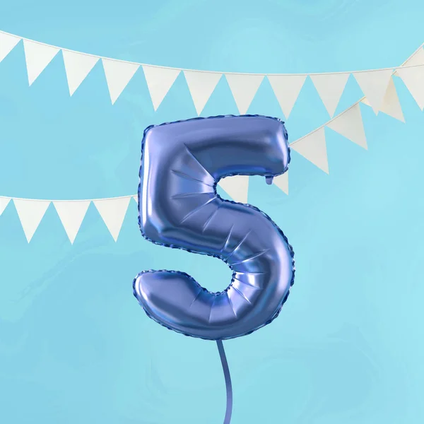 Feliz aniversário de 5 anos festa balão azul e bunting. Renderização 3D — Fotografia de Stock