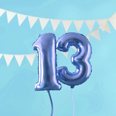 Mutlu 13 doğum günü partisi kutlama mavi balon ve kiraz kuşu. 3d Render
