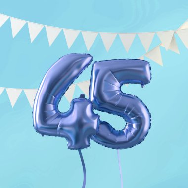 Happy 45th birthday party celebration blue balloon and bunting. 3D Render clipart