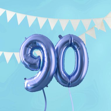 Mutlu 90 doğum günü partisi kutlama mavi balon ve kiraz kuşu. 3d Render