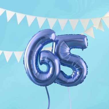 Mutlu 65 doğum günü partisi kutlama mavi balon ve kiraz kuşu. 3d Render
