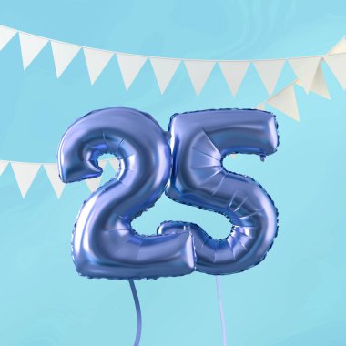 Mutlu 25 doğum günü partisi kutlama mavi balon ve kiraz kuşu. 3d Render