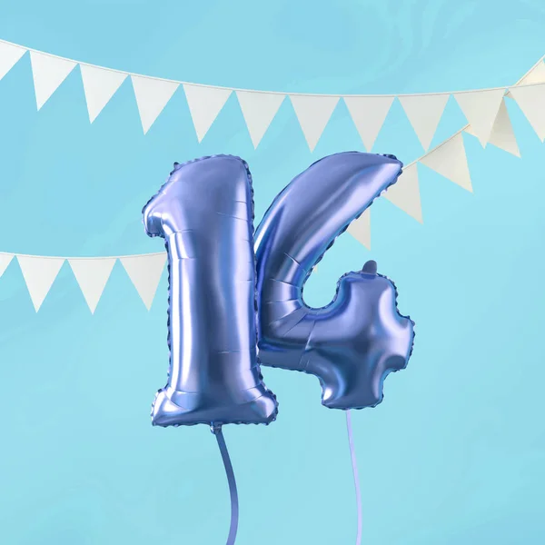 Šťastné 14. narozeninové oslavy modrý balónek a Bunting. prostorové vykreslení — Stock fotografie