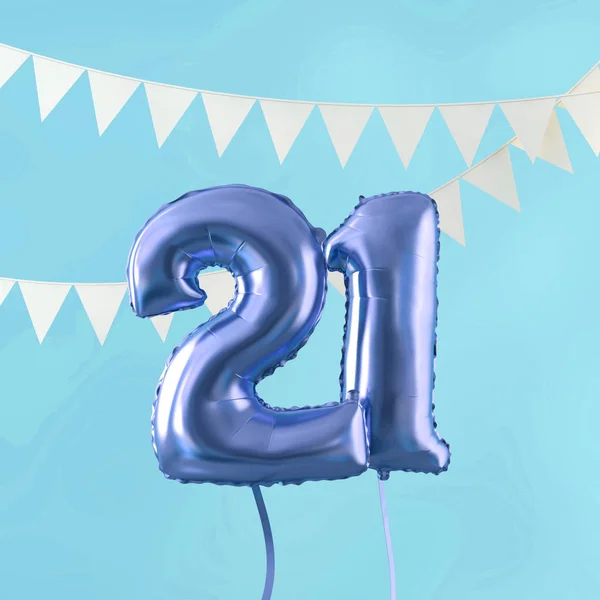 Szczęśliwy 21 urodziny celebracja Niebieski balon i Bunting. Renderowanie 3D — Zdjęcie stockowe