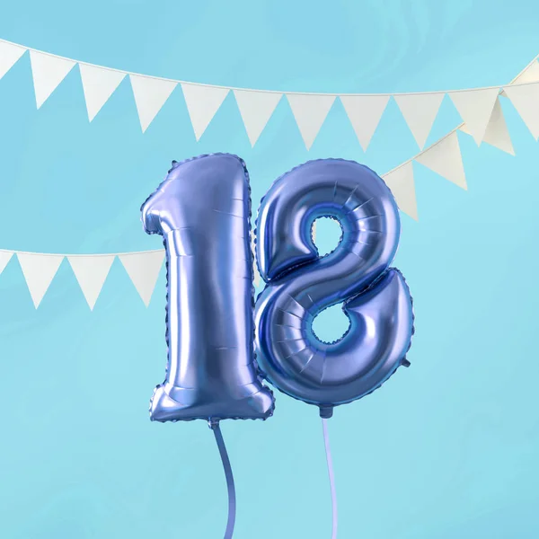 Joyeux 18e anniversaire fête ballon bleu et bunting. Expéditeur 3D — Photo