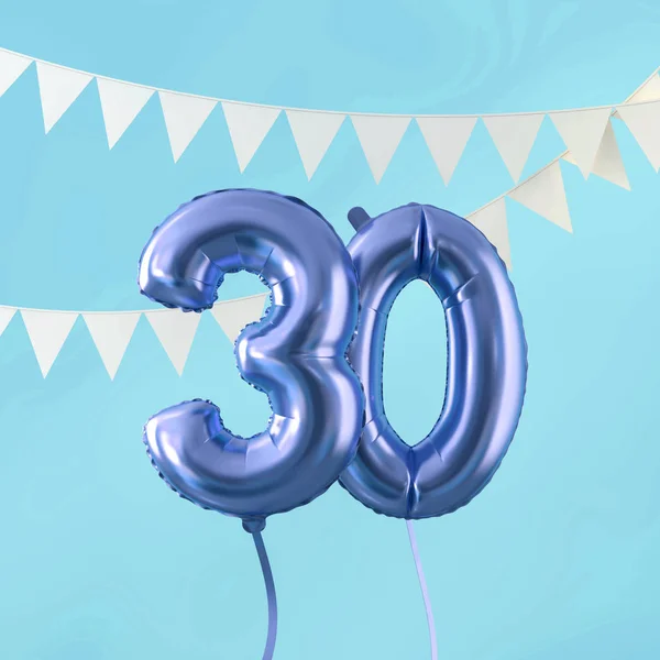 Happy 30 urodziny celebracja Niebieski balon i Bunting. Renderowanie 3D — Zdjęcie stockowe
