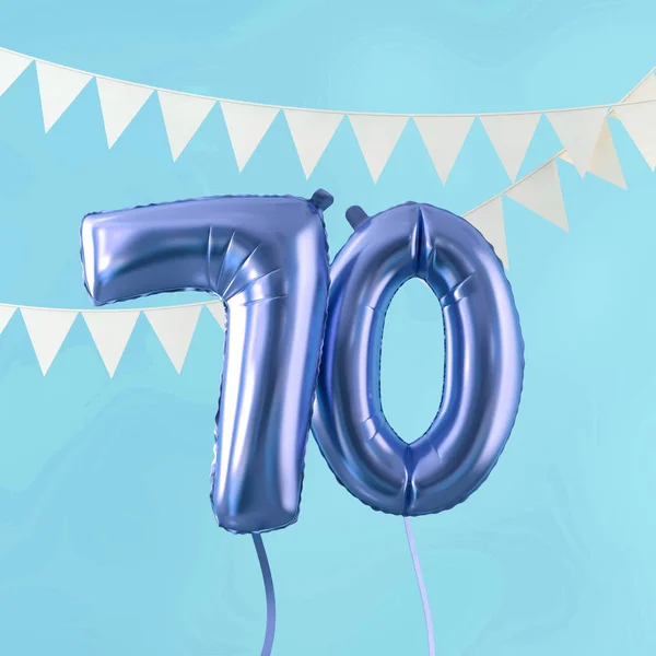 Buon 70esimo compleanno festa festa palloncino blu e bunting. Render 3D — Foto Stock