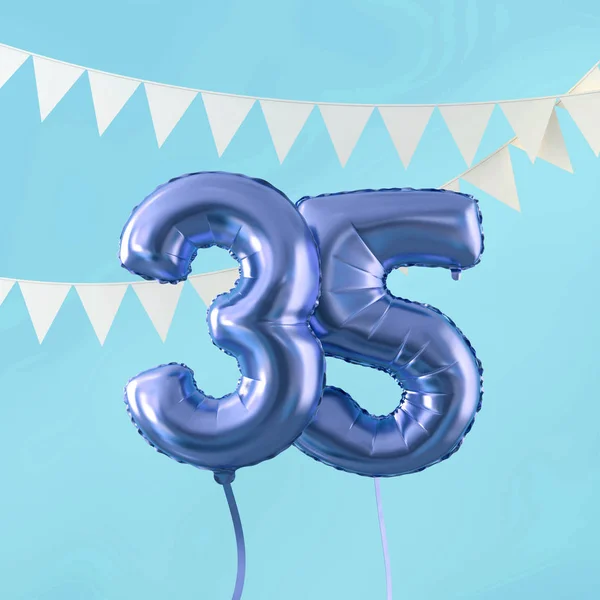 Happy 35th birthday party celebration blue balloon and bunting. 3D Render