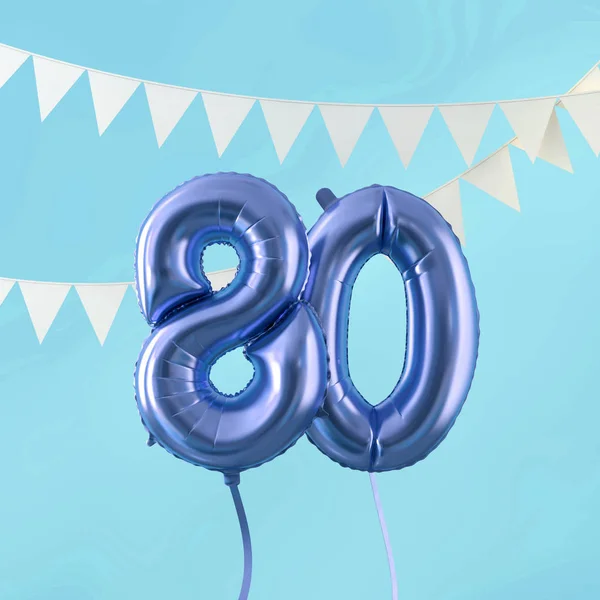 Happy 80th birthday party celebration blue balloon and bunting. 3D Render — Stock Photo, Image