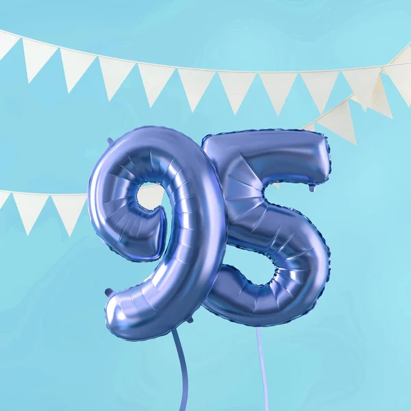 Buon 95esimo compleanno festa festa palloncino blu e bunting. Render 3D — Foto Stock