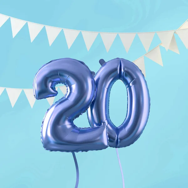 Šťastné oslavy 20 narozenin, modrý balón a Bunting. prostorové vykreslení — Stock fotografie