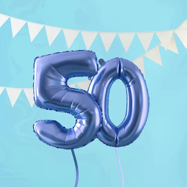 Gelukkige 50e verjaardag partij viering blauwe ballon en Bunting. 3D renderen — Stockfoto